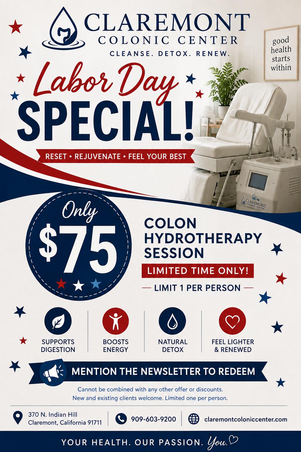 Claremont Colonic Center Labor Day Special
